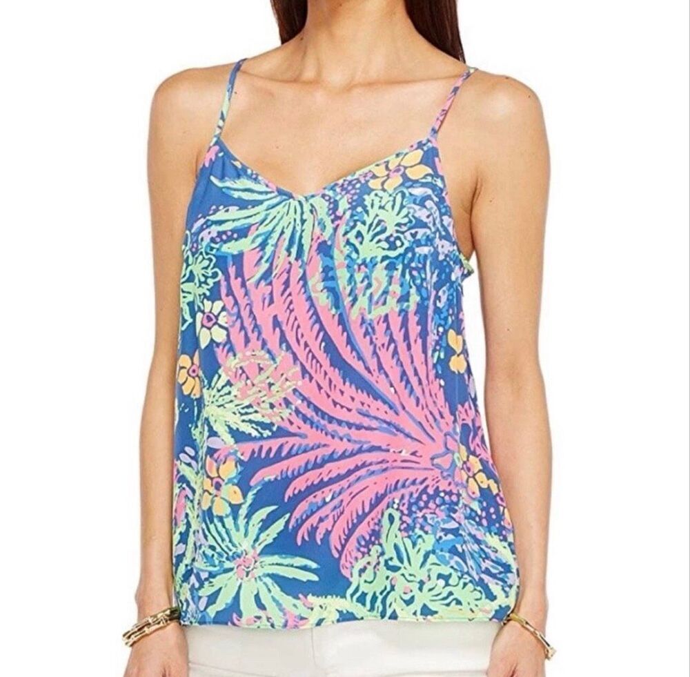 LILLY PULITZER 100% Silk Dusk Racerback Tank Neon Floral Print Size Medium